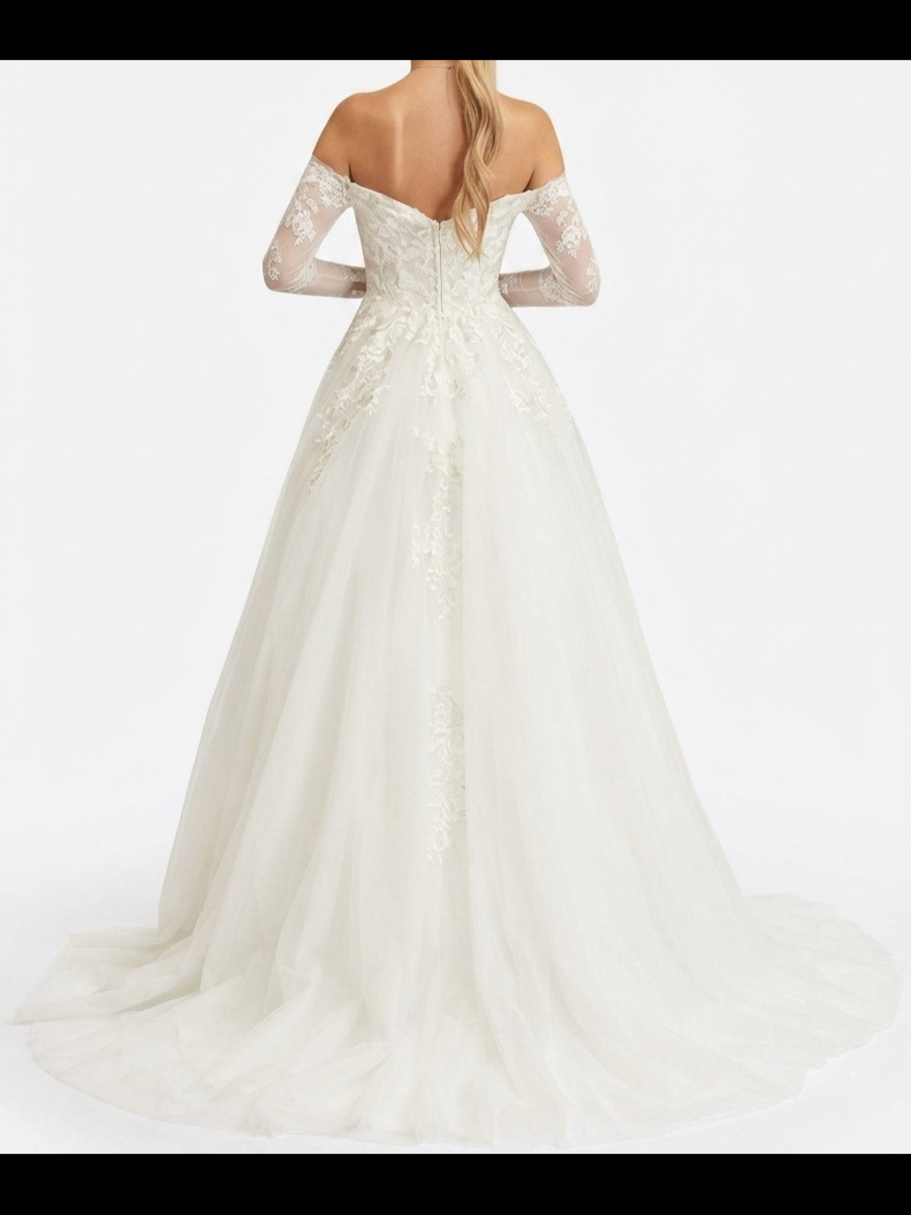 Ivory Off-Shoulder Lace Applique Wedding Gown - Picture 2 of 3